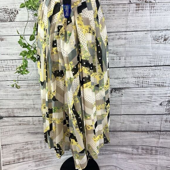 Calvin Klein Skirt size 14 Black Yellow Floral Polka Dots Pleated Knee Modest - Picture 14 of 15